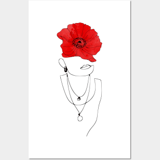 Woman face drawing with a red poppy Posters and Art